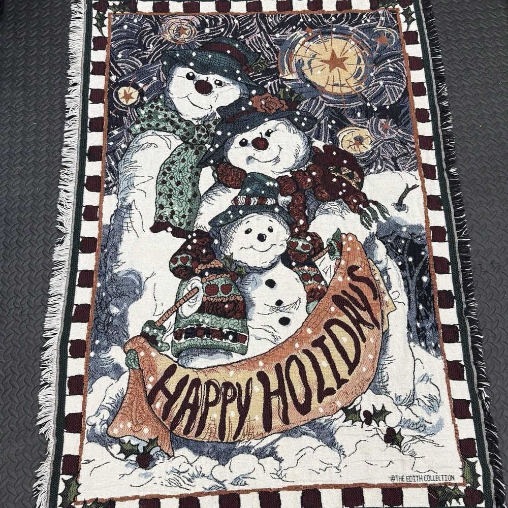 Vintage Goodwin Weavers Tapestry Throw Snowman Family Christmas Happy Holidays